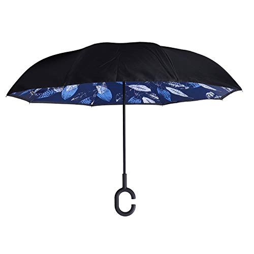 WASING Double Layer Inverted Umbrella Cars Reverse Umbrella, Windproof UV Protection Big Straight Umbrella for Car Rain Outdoor with C-Shaped Handle