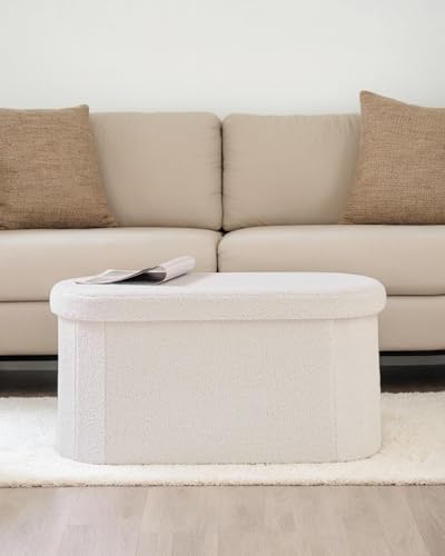 28" Oval Foldable Ottoman with Storage, Teddy Boucle Fabric Footrest, Storage Bench for Living Room, Bedroom, Entryway, Dorm, White