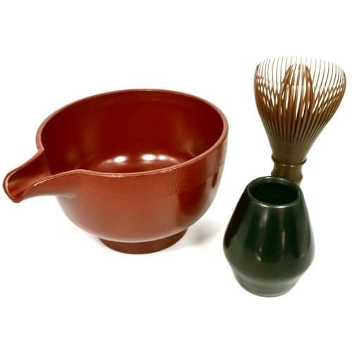 Resin Tea Set of Japanese Tea Whisk (Brown Bamboo Color) and Lipped Red Tea Bowl for Matcha, Made in Japan