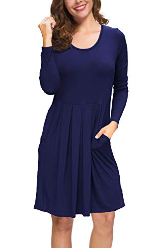 LILBETTER Womens Plain Long Sleeve Fall Loose Flowy Short A Line Dresses (Navy Blue,M)