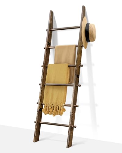 TEAKMAMA 6-Tier 5.4ft Blanket Ladder with Hanging Knobs Rustic Brown