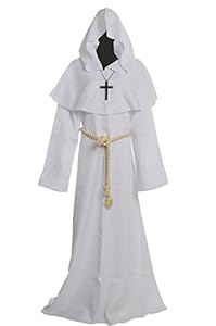Friar Medieval Hooded Monk Renaissance Priest Robe Costume Cosplay White XL
