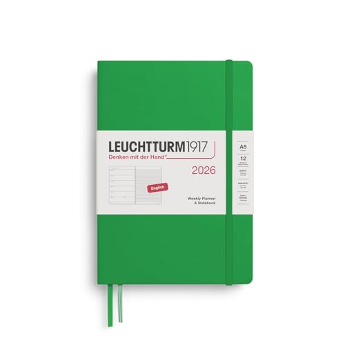 LEUCHTTURM1917 372657 Weekly Planner & Notebook Medium (A5) 2026 Hardcover, 12 Months, Spring Leaf, English