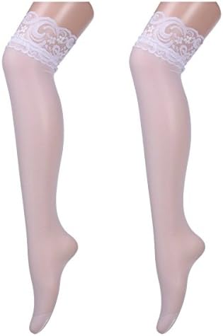 Women's Stay Up Lace Top Thigh High Stockings Elastic Over Knee Socks White (2 Pairs)