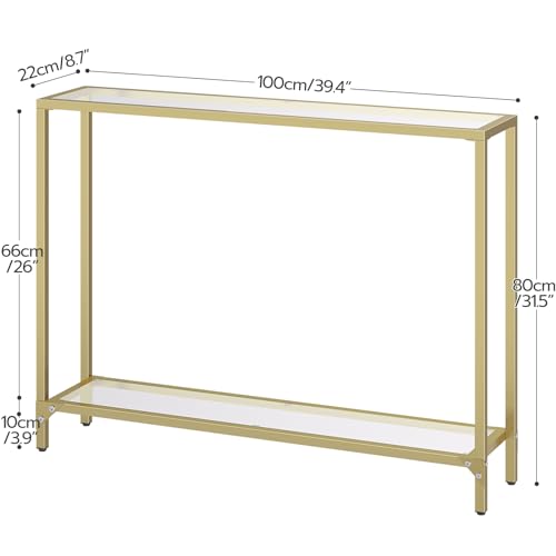 HOOBRO Gold Console Table for Living Room, 100 cm Narrow Long Sofa Table with Tempered Glass, 2 Tier Skinny Entryway Table with Open Shelves, Slim Hallway Table with Metal Frames, Gold EGD04XG01