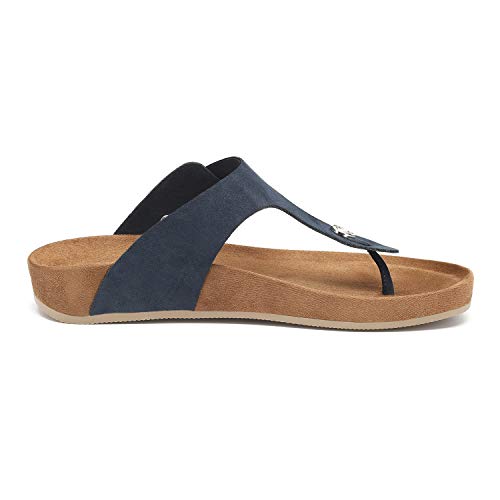 Women's T-Strap Thong Sandals Buckle Slip On Flip-Flops Beach Casual Platform Footbed Slippers (9, Navy)