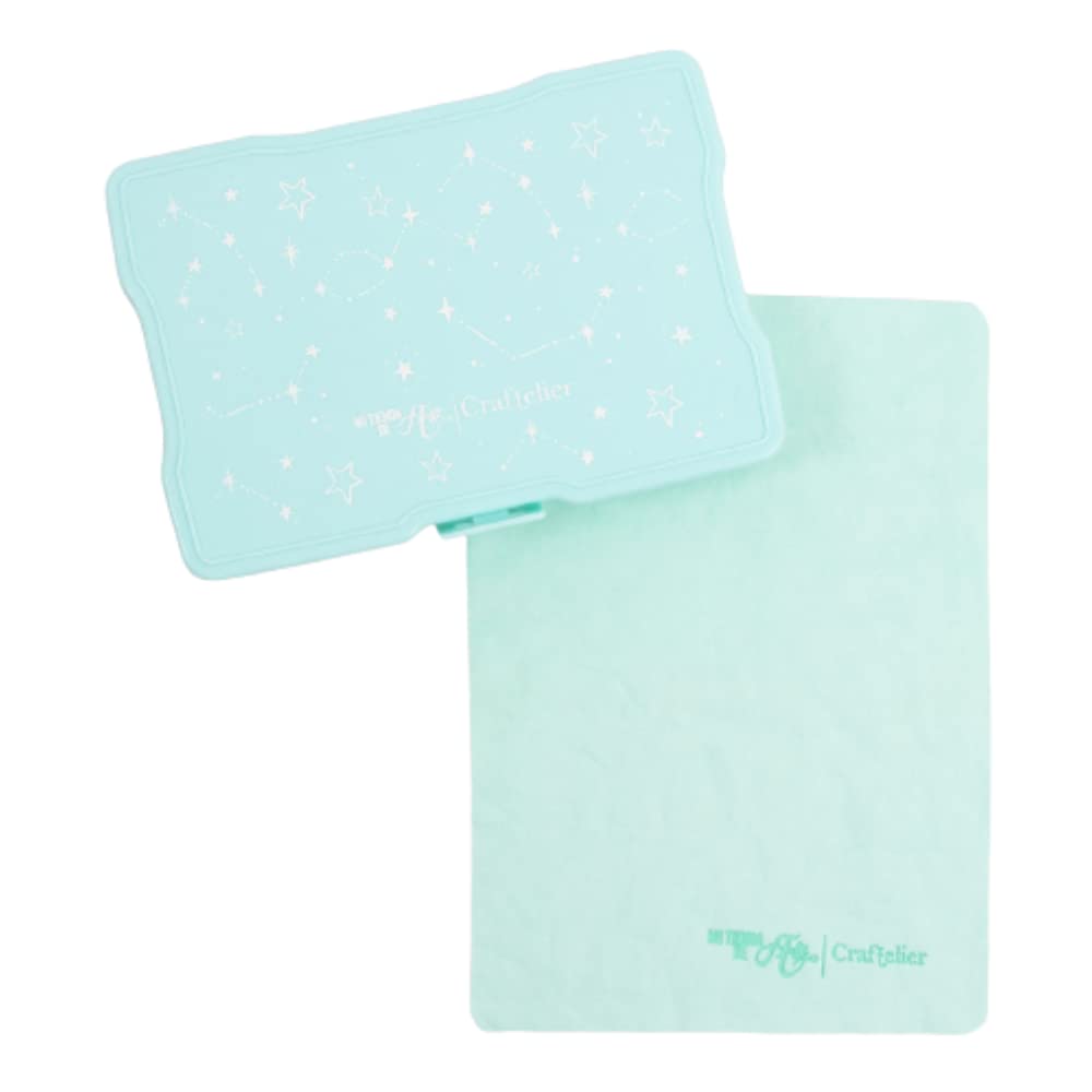 Craftelier - Stamp Cleaner Microfiber Cloth and Organiser Box to Keep Your Stamps in Perfect Condition | Size Cloth 20 x 14,5 cm and Box 17 x 12 x 3 x 3 cm - Colour Mint with Constellations