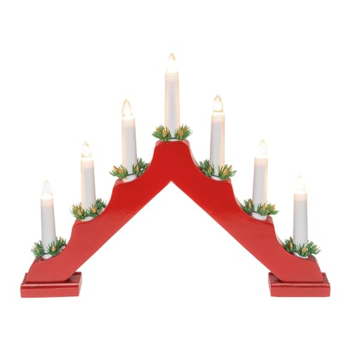 Idena 31604 - LED Adventsleuchter mit 7 LED Kerzenlichtern in Warmweiß, Schwibbogen aus rot lackiertem Holz, mit Ersatzlampe und Schalter, Deko für Innen, als Winter-, Advents- und Weihnachtsdeko