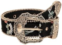 Vintage Western Leather Belt Floral Rhinestone Concho Scalloped Black Western Floral Scalloped Hand-Sewn Genuine Leather Western  main image 4