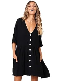BTFBM Vestido de túnica simple con bolsillos y cuello en V de media manga Causal liso corto y suelto con bolsillos