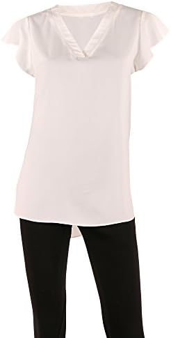 SIONI Women's 'Silky Rose Petal' Woven Blouse Flutter Cap Sleeve V Neck Tuxedo Tail Top,Eggshell,Small