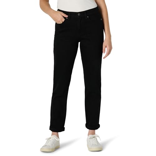 Amazon Essentials Damen Boyfriend-Crop-Jeans mit Geringem Stretchanteil zum Umschlagen und Mittelhohem Bund, 66,0cm Beininnenlaenge, Schwarz, 40-42