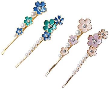 レーリーポップ レディース ヘアピン ４点セット 前髪 花 ヘアクリップ ラインストーン 合金 樹脂パール おしゃれ ヘアアクセサリー シンプル かわいい 髪留め 髪飾り 女性 T1