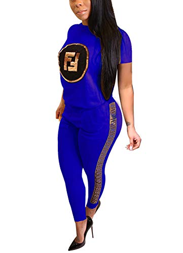 Deloreva Women Two Piece Outfits - Short Sleeve Summer Sweatsuit Jogging Suit Pants Set Activewear Blue M