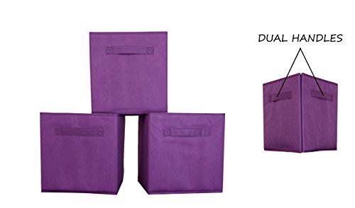 DUAL HANDLE by ADORN, Foldable Cloth Storage Cube Basket Bins Organizer Containers Drawers, 3 Pack -- Purple