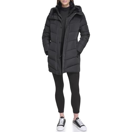 CALVIN KLEIN WOMEN’S WINTER PUFFER COAT – COZY FAUX SHERPA LINED HOOD WITH INSET BIB, LONG QUILTED JACKET, BLACK, M