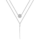 EVERU Sterling Silver Double Layer Necklace for Women with Bar and Round Pendant
