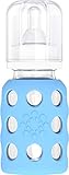 Lifefactory 4-Ounce BPA-Free Glass Baby Bottle with Protective Silicone Sleeve and Stage 1 Nipple, Sky Blue
