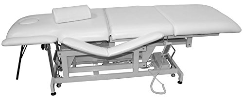 elektrisch höhenverstellbare und rollbare Behandlungsliege, Massageliege (Sockel weiss, Bezug weiss)