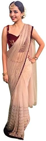 Shyam Krishna Textile Women's Indian Net Saree with Velvet Blouse (PD190SR3346, Beige)