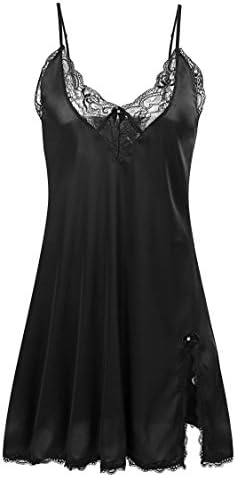 Skylin Sexy Lace Lingerie Women's Comfort Sleepwear Satin Pajamas V-Neckline Chemise Nightgown S-XXL