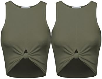 BEKDO 2 Pack Womens Solid Ribbed Jersey Trendy Racerback Crop Tank Top-L-Military