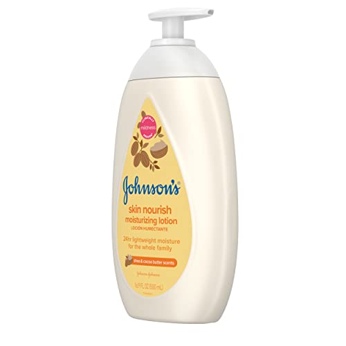 JOHNSON’S SKIN NOURISH MOISTURIZING BABY LOTION FOR DRY SKIN WITH SHEA & COCOA BUTTER SCENTS, GENTLE & LIGHTWEIGHT BODY LOTION FOR THE WHOLE FAMILY, HYPOALLERGENIC, DYE-FREE, 16.9 FL. OZ