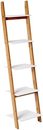 Bamboolifer 5 Tier Multifunctional Wall Ladder Bookcase for Storage, Display, Bathroom, Living Room Furniture, Natural&amp; White