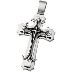 Large Stainless Steel and Black Fleur de Lis Cross Pendant. 