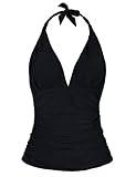 Hilor Women's Plunging V Neck Halter Swim Tops Shirred Tankini Top