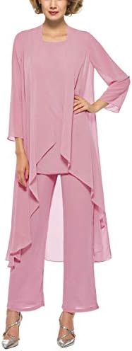 3 Piece Mother of The Bride Outfit Pants Suits Chiffon Long Sleeve Dressy Pantsuits