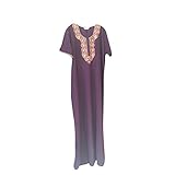 Womans Caftan Neck Embroidered Purple Cotton Long Maxi Dress Nightgown