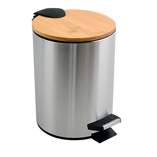 Spirella Adonis Cosmetic Bin 5 Litres Stainless Steel Bamboo with Soft-Close Mechanism and Inner Bucket Bathroom Bin Soft Close Waste Bin Silver