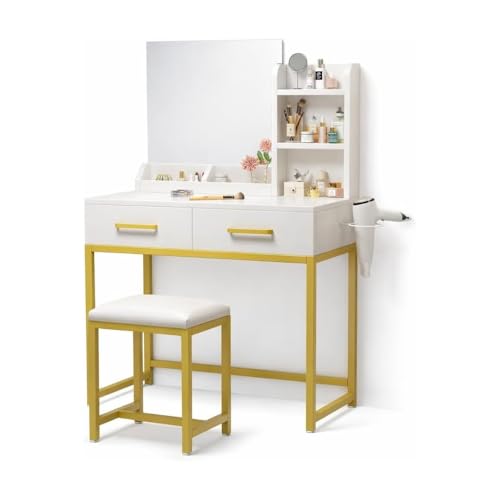 SKY-TOUCH Vanity Desk Chair Set with Mirror : Makeup Table with Stool Dressing Table with Storage Drawer Shelves Vanity Table with Lots Storage for Bedroom (White)