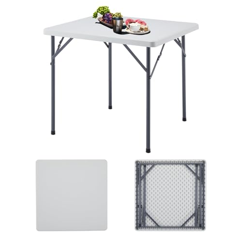 MOMENT Square Plastic Folding Table 88×88×75cm, Portable Foldable Lightweight Table HDPE Desktop with Steel Legs for Indoor Outdoor Camping Garden Picnic BBQ Party (White)