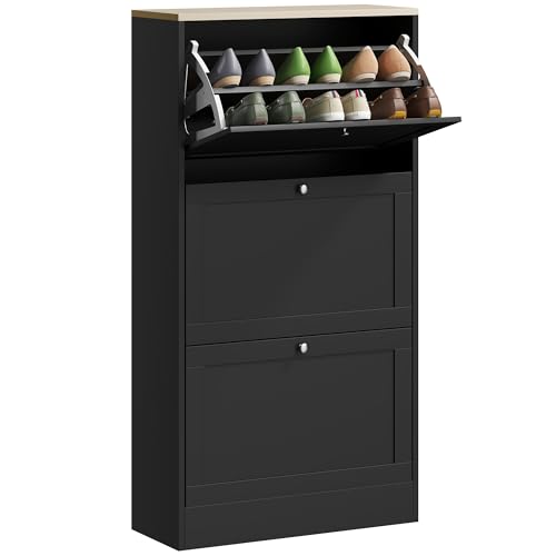 HOMCOM Narrow Shoe Cabinet, Shoe Storage Cabinet with 3 Flip Drawers and Adjustable Shelves for Hallway, Entryway, Holds 12-18 Pairs, Black