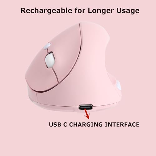 Wireless Mouse Ergonomic Vertical Pink Rechargeable Silent Upright Comfortable Carpal Tunnel Ergo Optical Cordless Mice for Small Middle Hands for PC Laptop Computer Macbook Office Work Wrist Pain