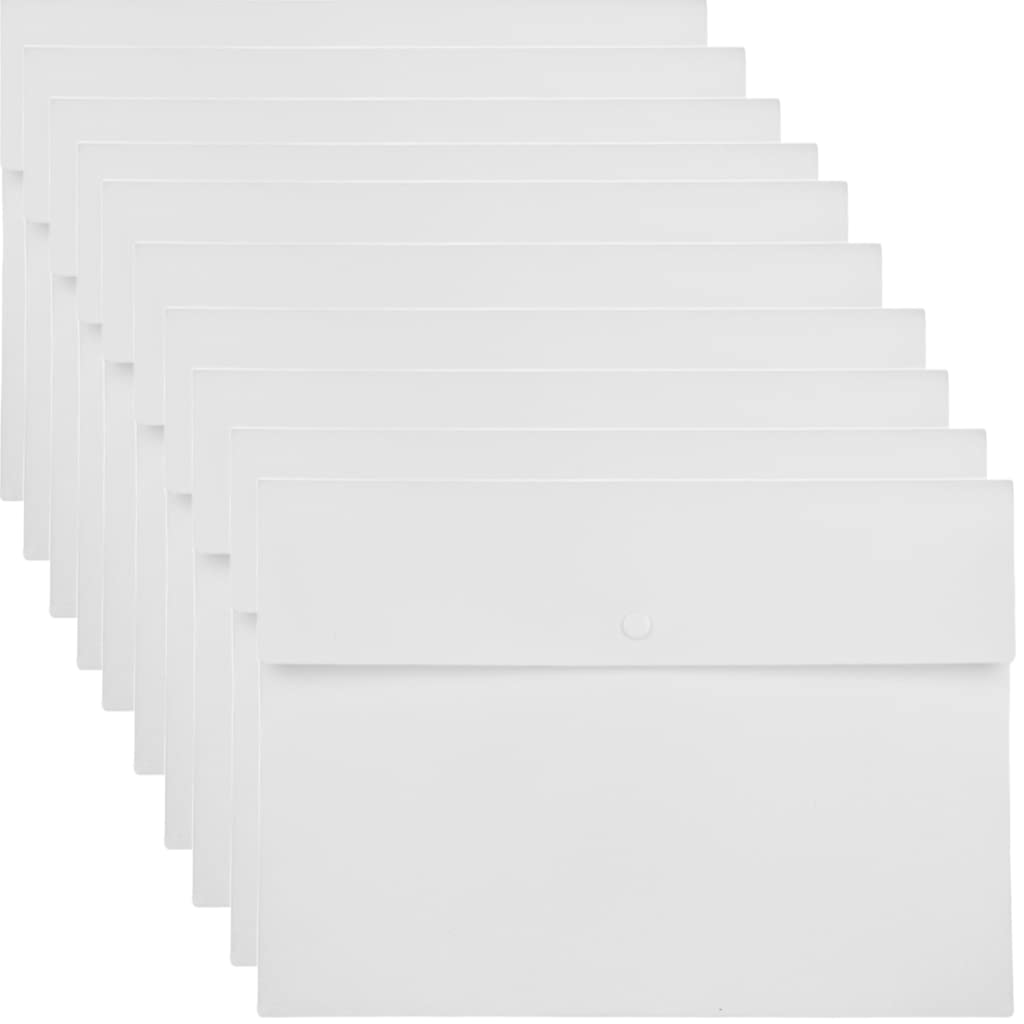 10Pcs Plastic Wallets A4 Black Folders Document Popper Files Wallets with Button Flat File Holder Document Paperwork Storage Portfolio Envelope Paper Bag File Organizer for Office School Home (White)