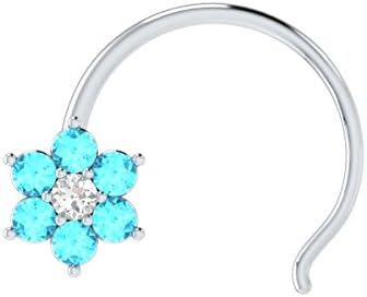 Animas Jewels DGLA Certified 14k White Gold Flower Nose Pin Ring for Women 0.02 Cttw Natural Diamond (G-H Color. SI Clarity) and 0.08 CT Blue Topaz Round Cut Single Prong Setting