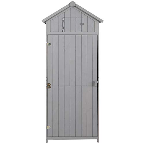 Outsunny Armoire abri de Jardin Remise pour Outils 3 étagères 2 Porte loquets Toit Pente bitumé 77L x 54l x 179H cm pin Massif traité Gris