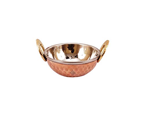 Indian Art Villa Steel Copper Kadai Kadhai Wok Bowl with Brass Handle, Serving Dishes Tableware, 200 ml