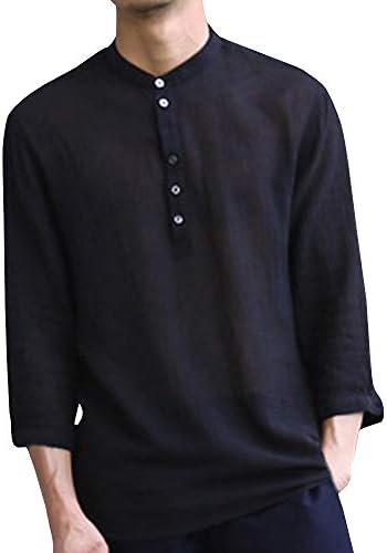 Coohole Men's Baggy Cotton Linen Retro V Neck 3/4 Sleeve Button T Shirts Tops