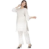 MAGHMA Damen Chikankari Baumwolle Kurti Set - Weiß Mit Banarasi Dupatta