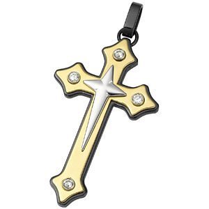 Tri-Color in Black Bezel Set CZ Cross Pendant. 