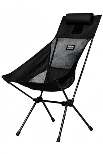 BASK Daydream Cadeira Premium Dobrável com Encosto Alto e Travesseiro – Extra Grande, Estrutura em Alumínio Resistente (150kg) – Portátil para Camping, Pesca, Praia e Lazer – Preto