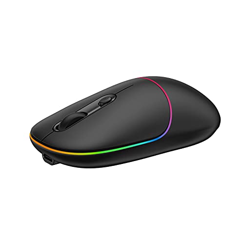 LED Wireless Mouse, RAPIQUE Rechargeable Silent RGB Light Up Computer Mouse with USB Receiver & Type-C Adapter, 2.4G Slim Portable Office Cordless Mice for Laptop, PC, ChromeBook, Tablet, Mac(Black)