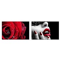 Red Rose Canvas Wall Art - Black and Red Mask Woman Paintings for Bedroom - Artwork Print on Canvas for Living Room - Ready to Hang for Home Decor - 2 Panel