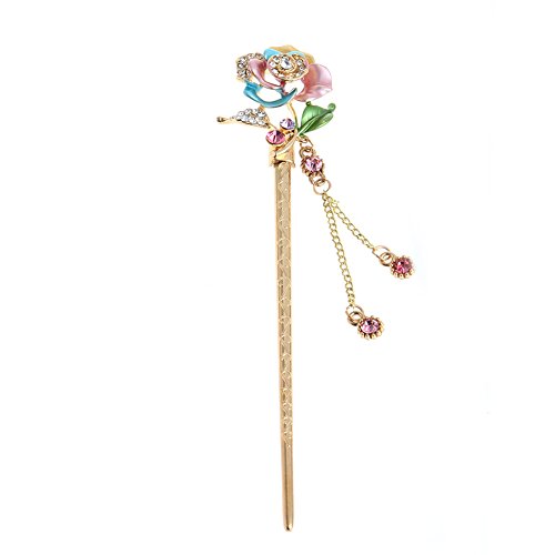 cici store Women Lady Hair Stick Handmade Rose Metal Rhinestone Hair Chopsticks Hairpin (Colorful)