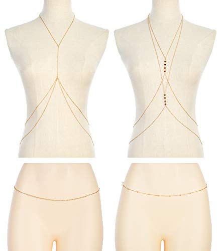 Ofeiyaa 4PCS Body Chain Jewelry Bra Chain Retro Waist Belt Chain Suit Bikini Beach Boho Chain Set Women Girls Gold Tone