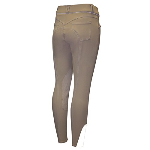 ELATION EuroSeat Breeches, Platinum Brooklyn Riding Breeches for Women, Thick Elastic High Waist w/Contrast Piping & Leather Knee Patch - Ladies Equestrian Riding Pants & Horse Show Breech (Tan, 30R)